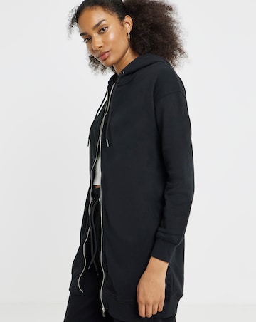 Black Core Zip Through Longline Hoodie