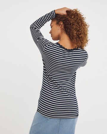 Stripe Scallop Scoop Neck Long Sleeve Top