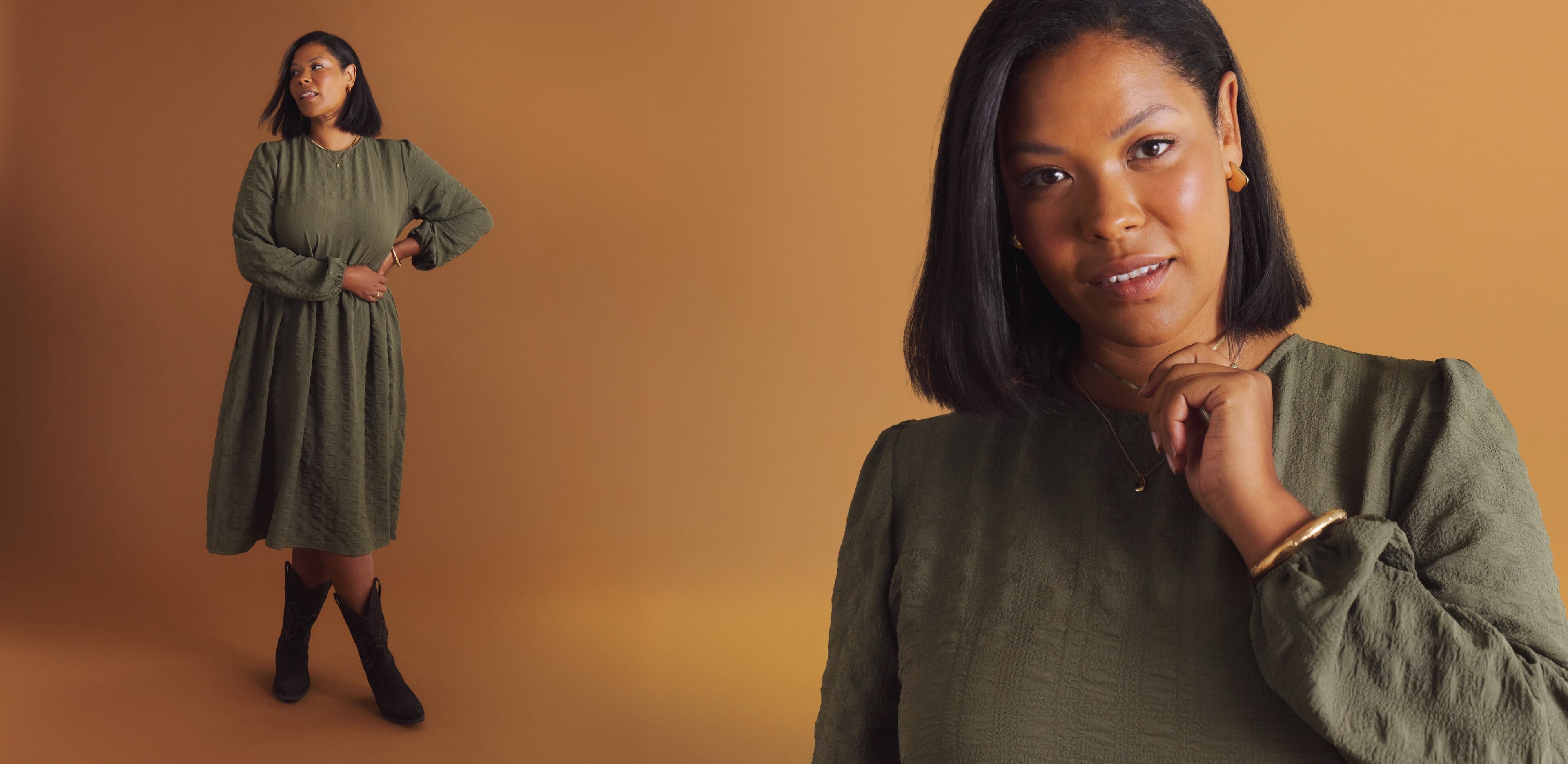 Portrait Of A Woman In Olive Green Dress Standing In Studio With Warm Brown Backdrop