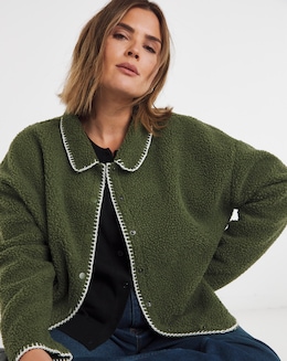 Khaki &amp; Cream Whipstitch Borg Button Through