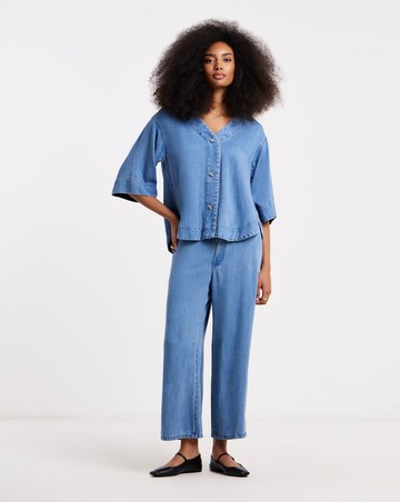 Light Blue Tencel Denim Relaxed Half Sleeve Shirt Co Ord