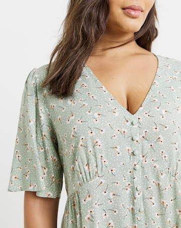 Sage Ditsy Print Spun Viscose Button Up Midi Dress