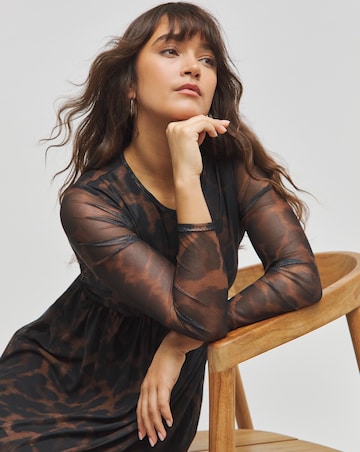 Leopard Print Long Sleeve Mesh Midi Dress