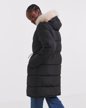 Black Fur Trim Longline Padded Coat