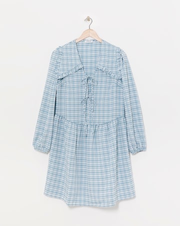 Blue Checked Collared Tie Front Smock Dress