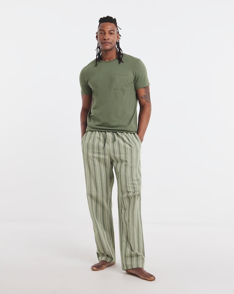 Pocket T-Shirt / Stripe Bottom Pyjama Set - Khaki