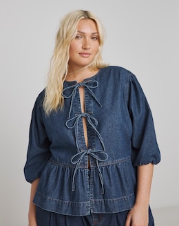 Simply Be Dark Blue Tie Front Denim Peplum Blouse