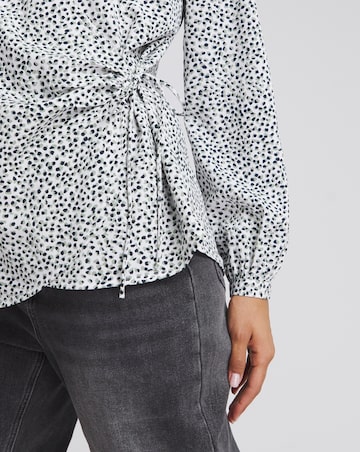 Spot Print Tie Front Relaxed Wrap Blouse