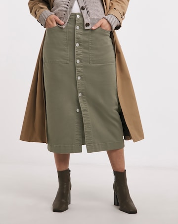 Khaki Midi Button Front Denim Skirt