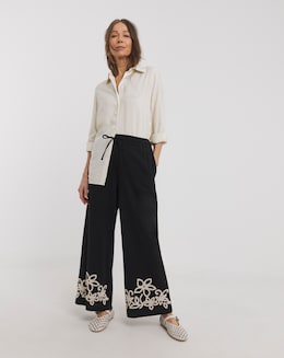 Black Cotton Cornelli Embroidered Wide Leg Trousers