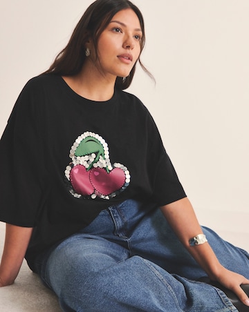 Black Embellished Cherries T-Shirt