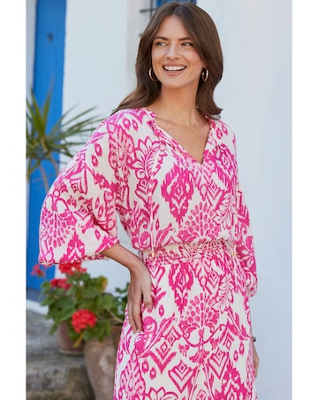 Sosandar Pink & White Aztec Print Tie Neck Dress