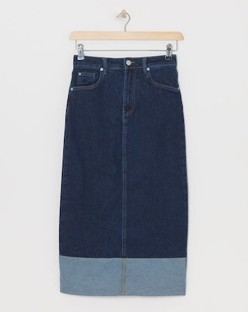 Raw Indigo Stretch Turn Up Midi Denim Skirt