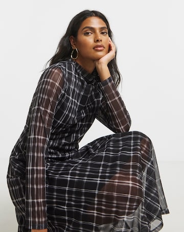 Mono Check Print Ruched Mesh Midi Dress
