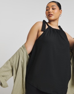 Simply Be Black Textured Tie Shoulder Top
