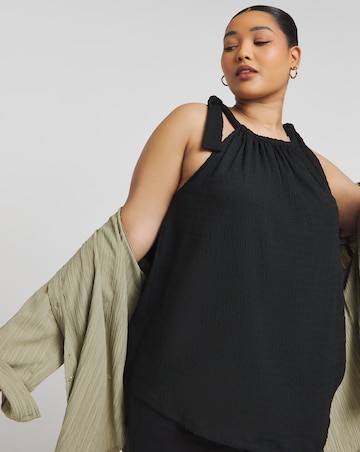 Black Textured Tie Shoulder Top