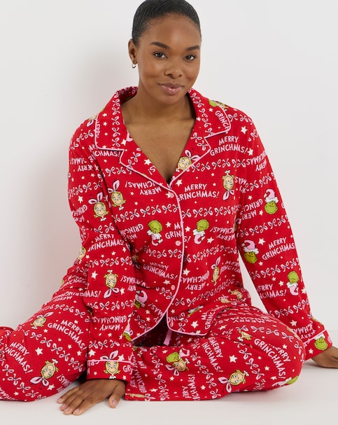 Grinch Christmas Button Through Cotton Pyjama Set