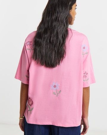 Pink Cross Stitch Embroidered T-Shirt