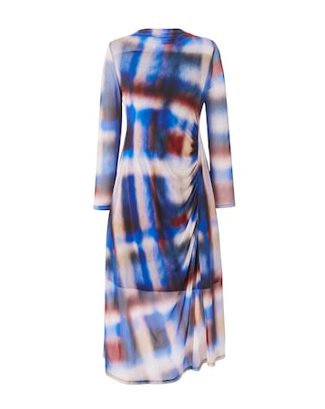 Check Print Ruched Mesh Midi Dress