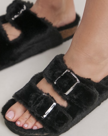 Garcia Fluffy Two Strap Footbed Slippers - Wide Fit (E)