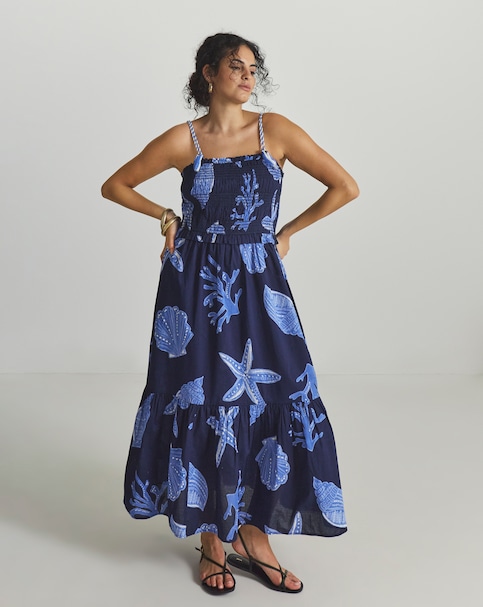 MAGISCULPT Cotton Shirred Maxi Beach Dress Shell Print
