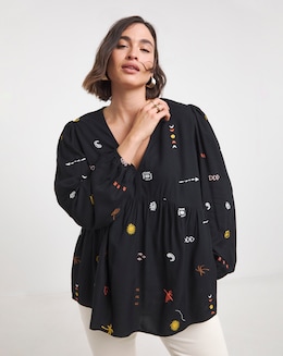 Black Embroidered Smock Blouse