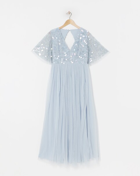Maya Curve V Neck Delicate Disc Sequin Tulle Maxi Dress