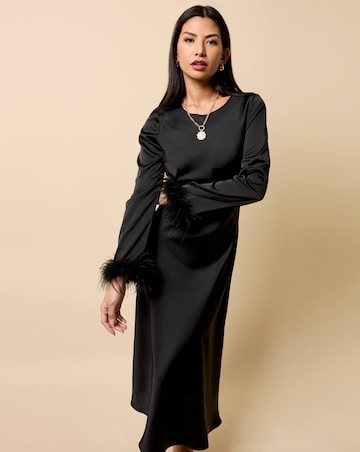 Little Mistress Black Satin Feather Trim Sleeve Midaxi Dress