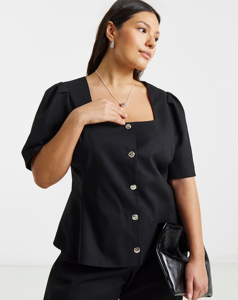 Black Short Sleeve Square Neck Peplum Blazer