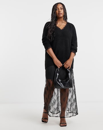 Black Lace Trim V Neck Tunic