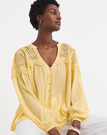 Broderie Trim Long Sleeve Blouse