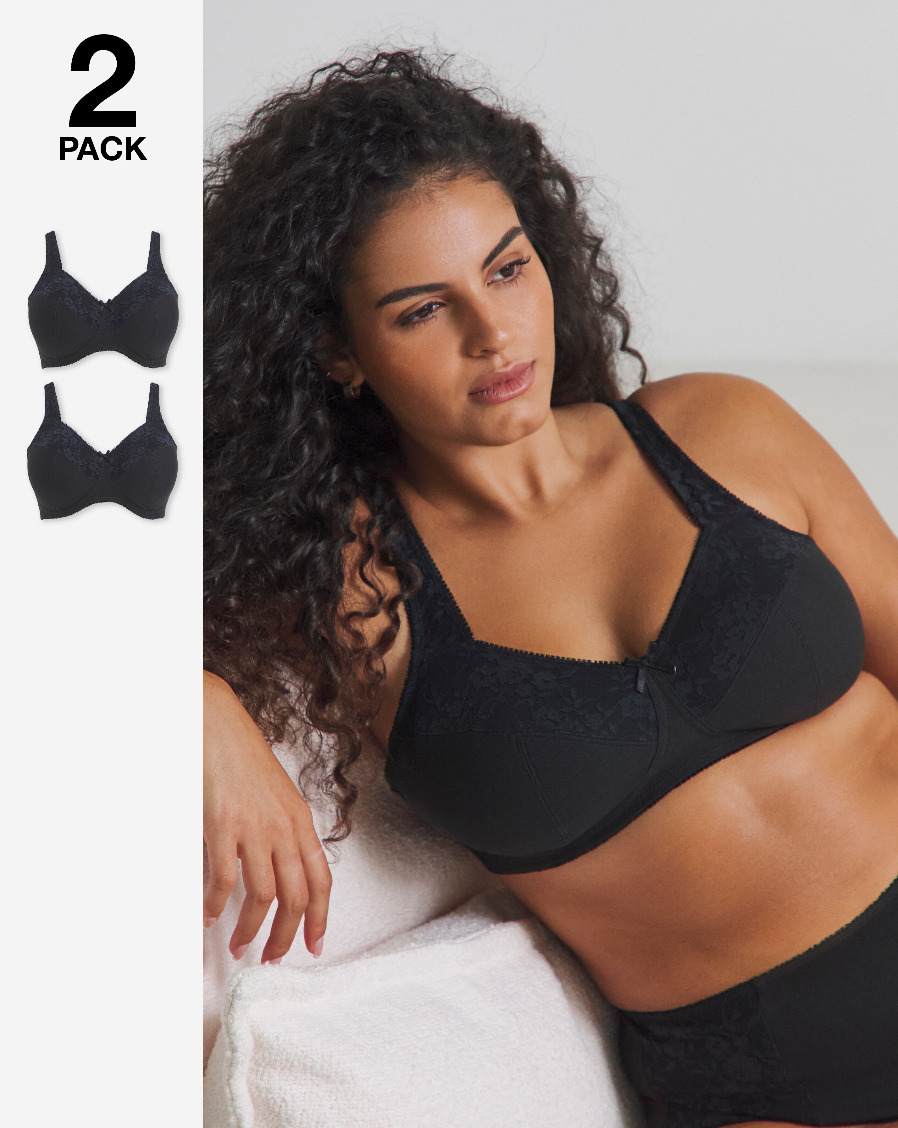 Pretty Secrets (2 Pack) New Sarah Cotton Full Cup Non Wired Bras (B-G) Blk/Blk