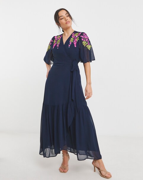 Hope & Ivy Grace Embellished V-Neck Wrap Maxi Dress