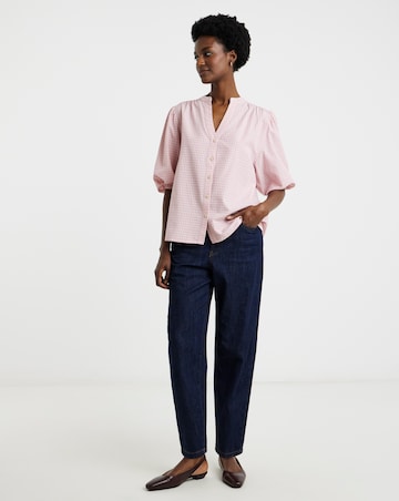 Check Collarless Button Through Blouse