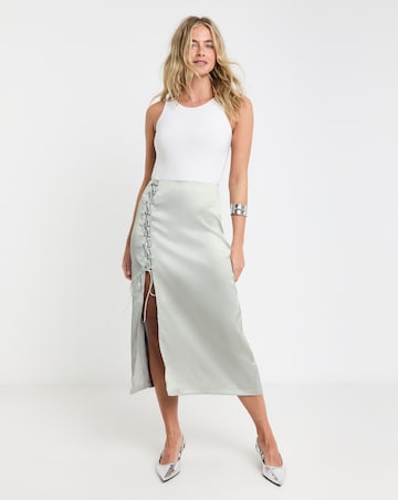 Silver Lace Up Detail Premium Stretch Satin Midaxi Skirt