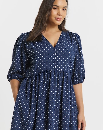 Navy Spot Print Button Through Midi Dress