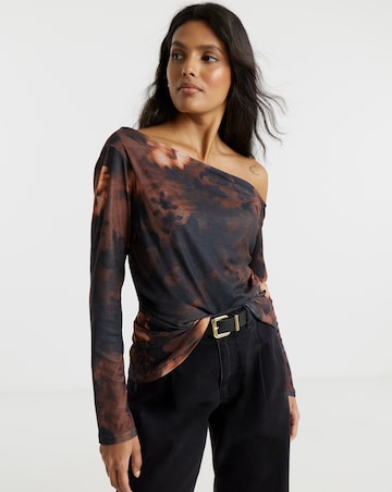 Brown Floral Print Asymmetric Shoulder Mesh Top