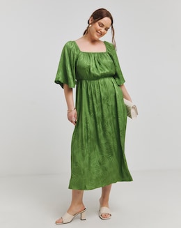 Simply Be Olive Satin Jacquard Tie Back Midi Dress