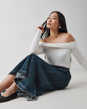 Indigo Raw Edge Fit and Flare Full Denim Skirt