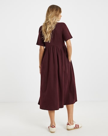 Burgundy Jersey Smock Midi Dress With Pockets