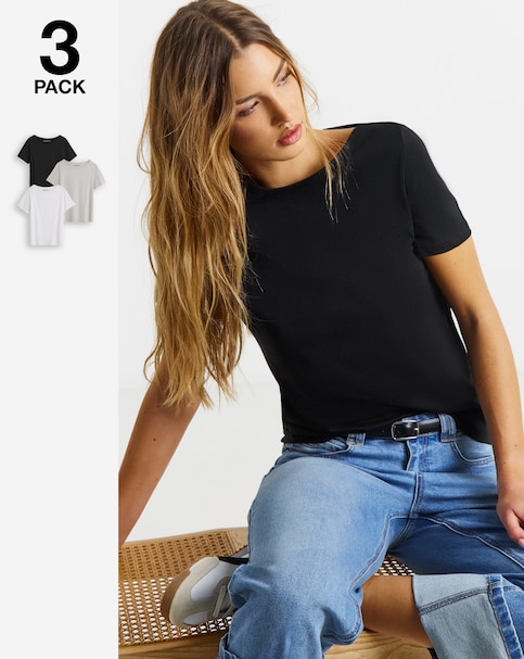 Black, White & Grey Marl 3 Pack Pure Cotton Slash Neck Tops