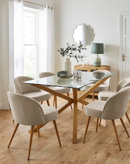 Bodie Oak 6 Seater Dining Table with 6 Emilie Fabric Chairs