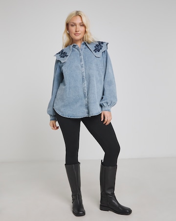 Mid Wash Puff Sleeve Denim Blouse with Embroidered Collar