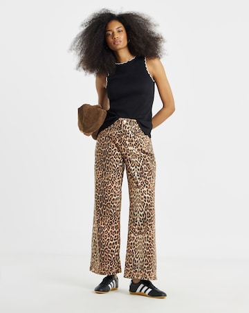 Leopard Print Denim Wide Leg Jeans
