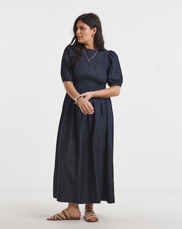 Indigo Denim Soleil Shirred Short Sleeve Midaxi Dress