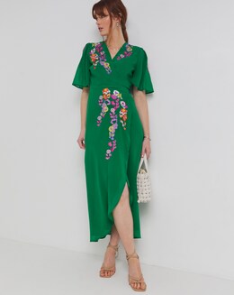 Hope & Ivy Miria Embroidered Flutter Sleeve Maxi Dress With Tie Waist