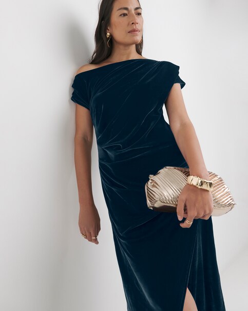 Velvet Asymmetric Neckline Midi Dress