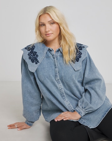 Mid Wash Puff Sleeve Denim Blouse with Embroidered Collar