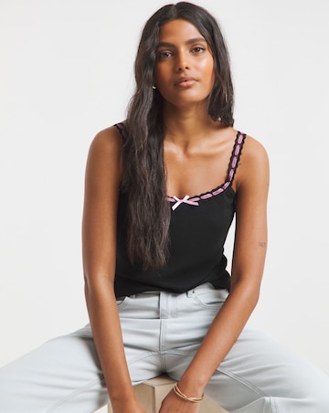 Simply Be Black & Pink Lace and Ribbon Trim Tank Top