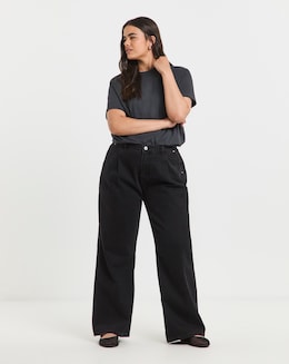 Washed Black Pleat Detail Wide Leg Jeans
